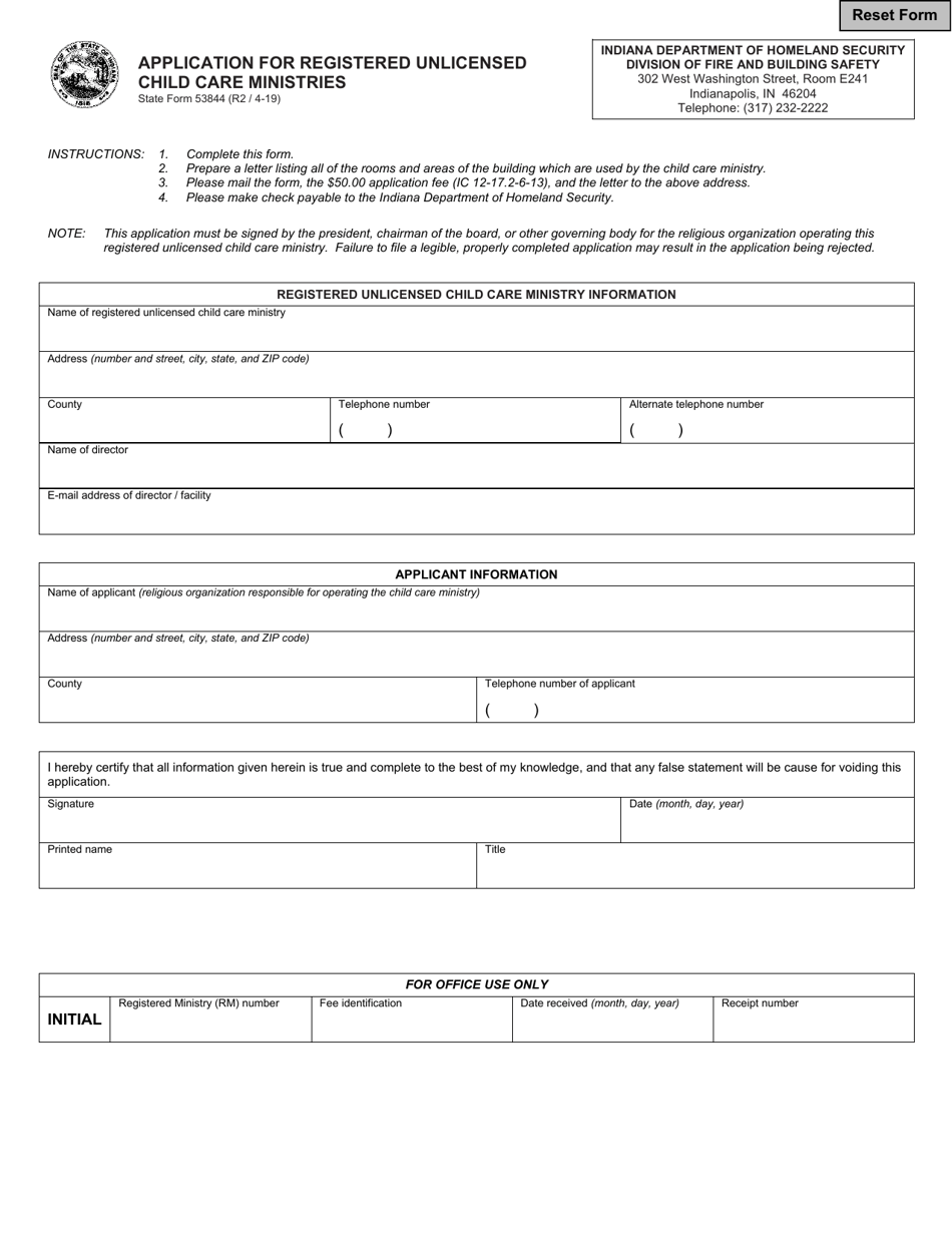 State Form 53844 Application for Registered Unlicensed Child Care Ministries - Indiana, Page 1