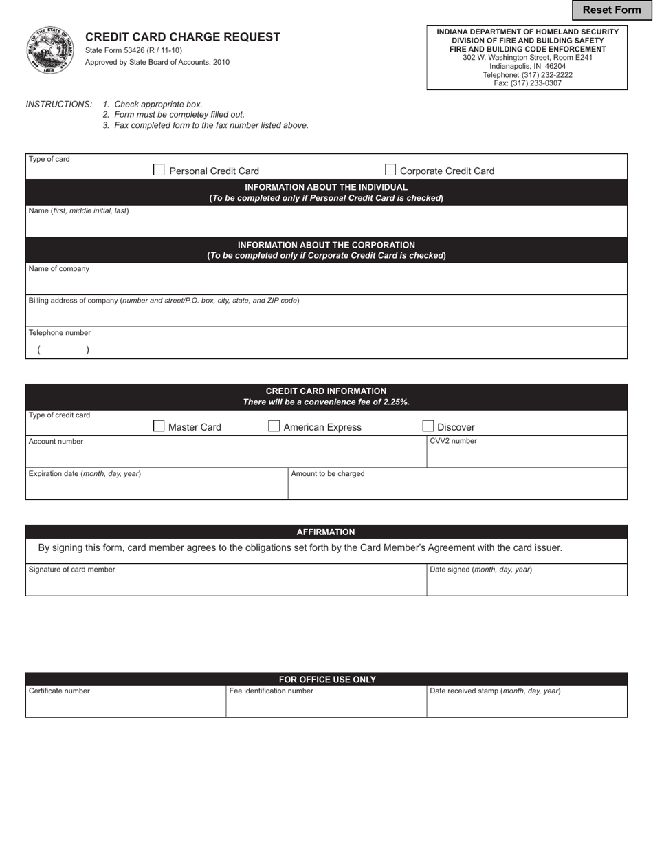 State Form 53426 Credit Card Charge Request - Indiana, Page 1