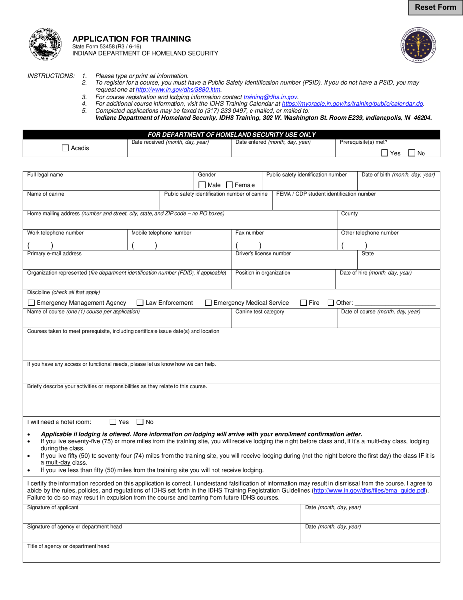 State Form 53458 Application for Training - Indiana, Page 1