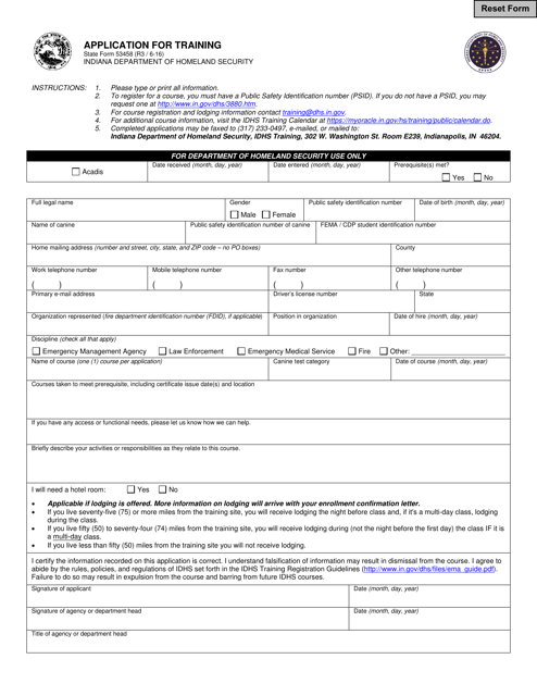 State Form 53458 Application for Training - Indiana