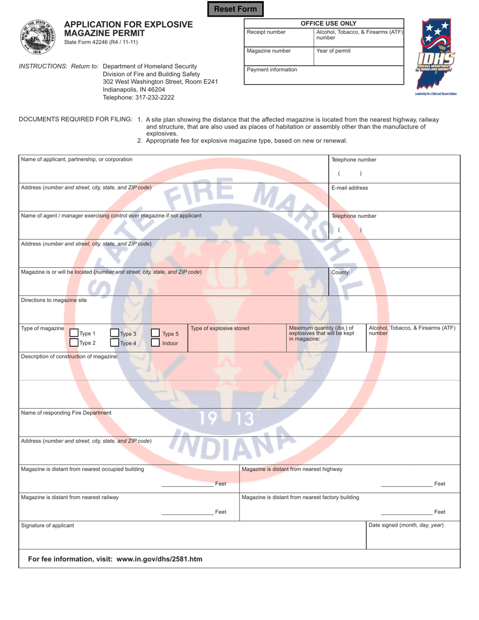 State Form 42246 Application for Explosive Magazine Permit - Indiana, Page 1
