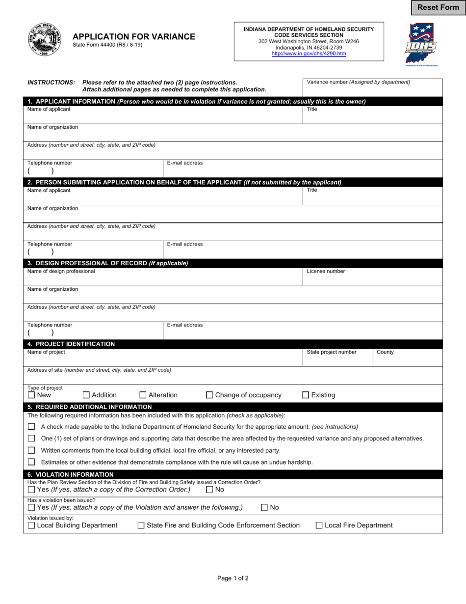 State Form 44400 Application for Variance - Indiana, Page 1