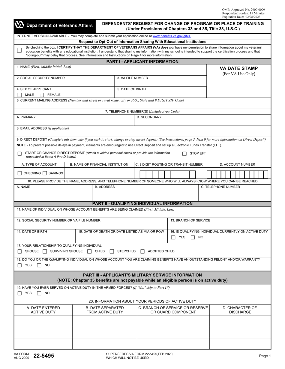 VA Form 22-5495 Dependents Request for Change of Program or Place of Training, Page 1