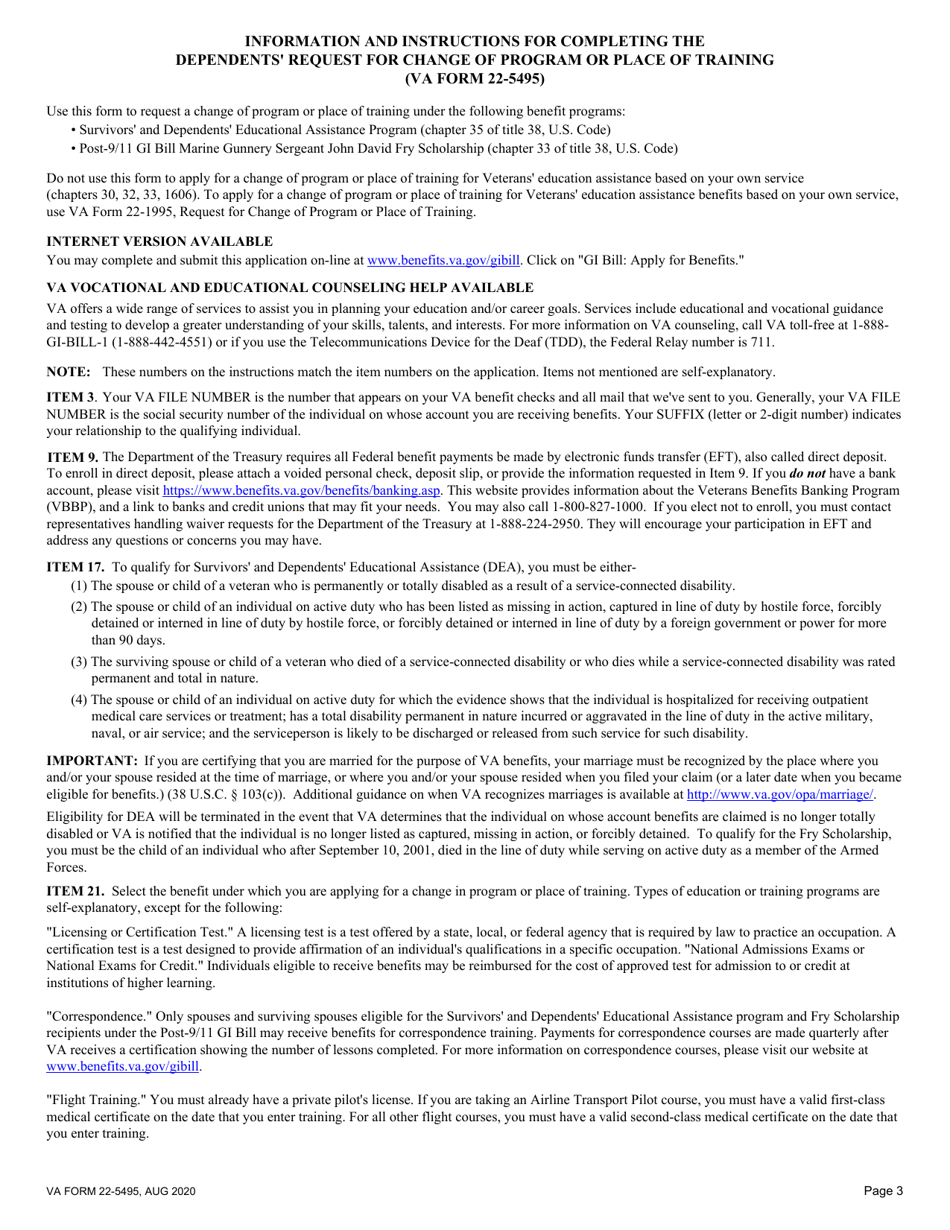 VA Form 22-5495 Dependents Request for Change of Program or Place of Training, Page 3