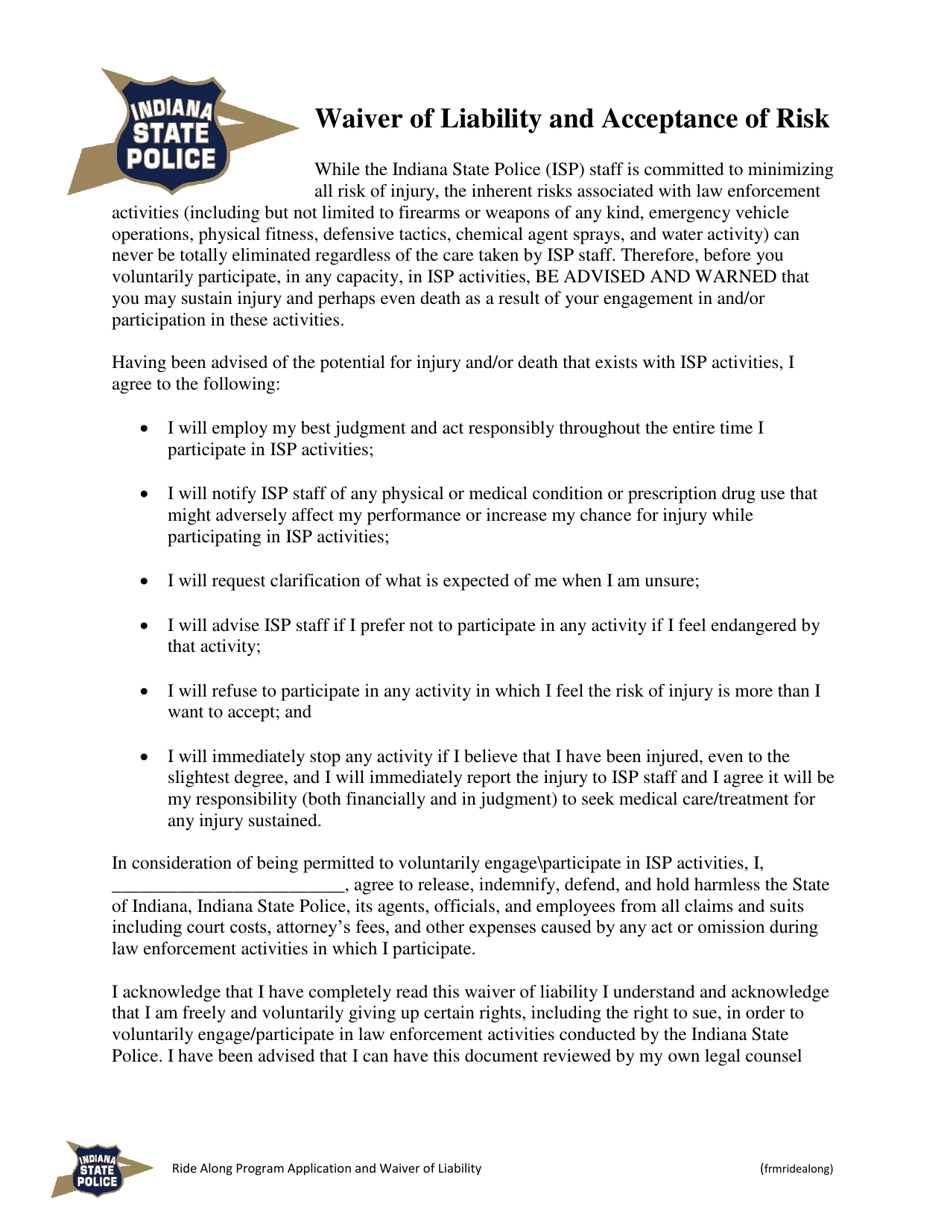 Waiver of Liability and Acceptance of Risk - Indiana, Page 1