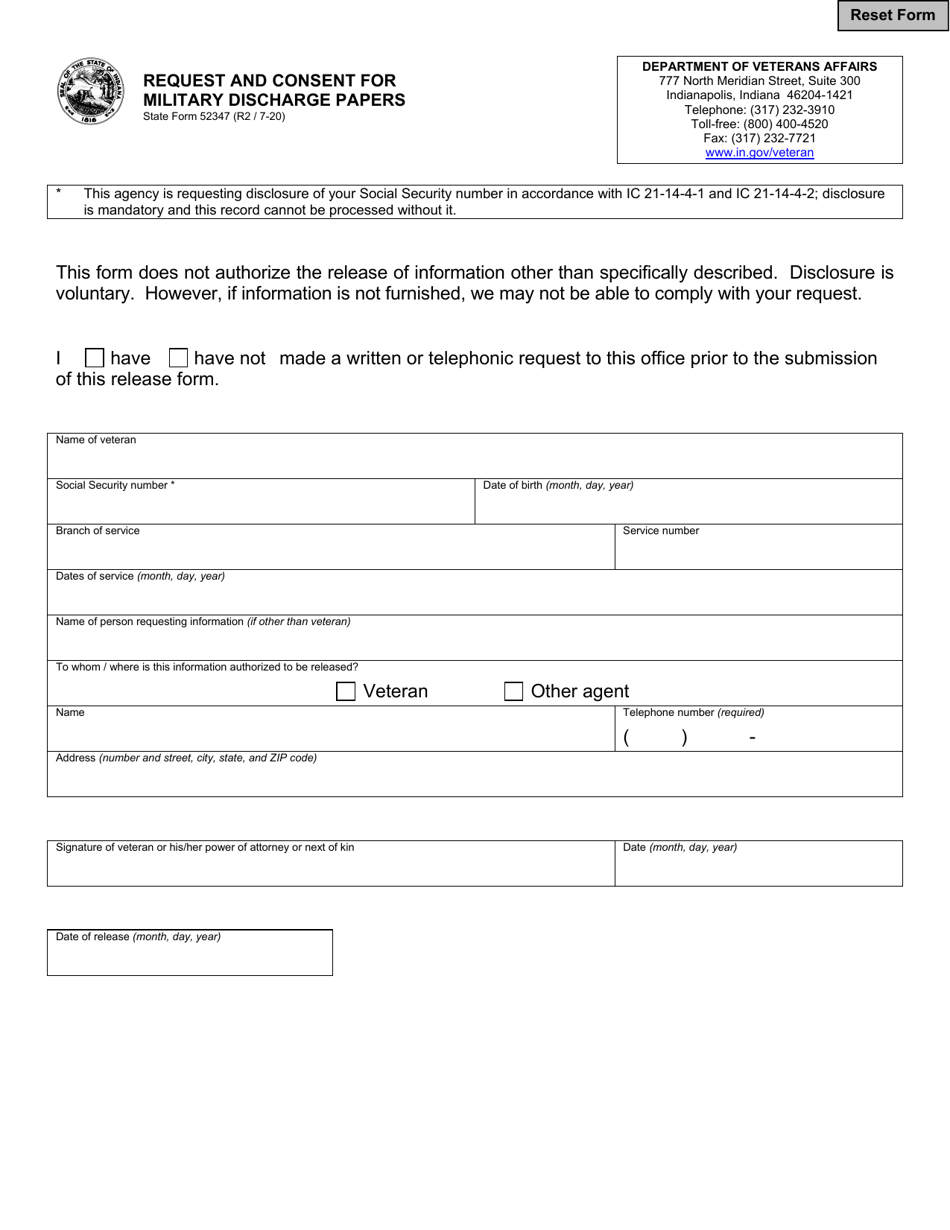 State Form 52347 Request and Consent for Military Discharge Papers - Indiana, Page 1