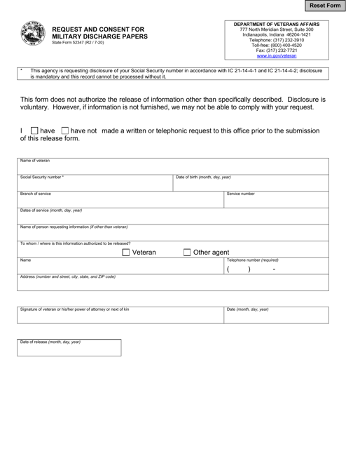 State Form 52347 Request and Consent for Military Discharge Papers - Indiana