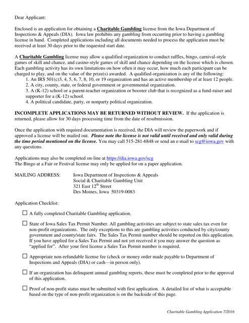 Charitable Gambling License Application - 90-day - Iowa