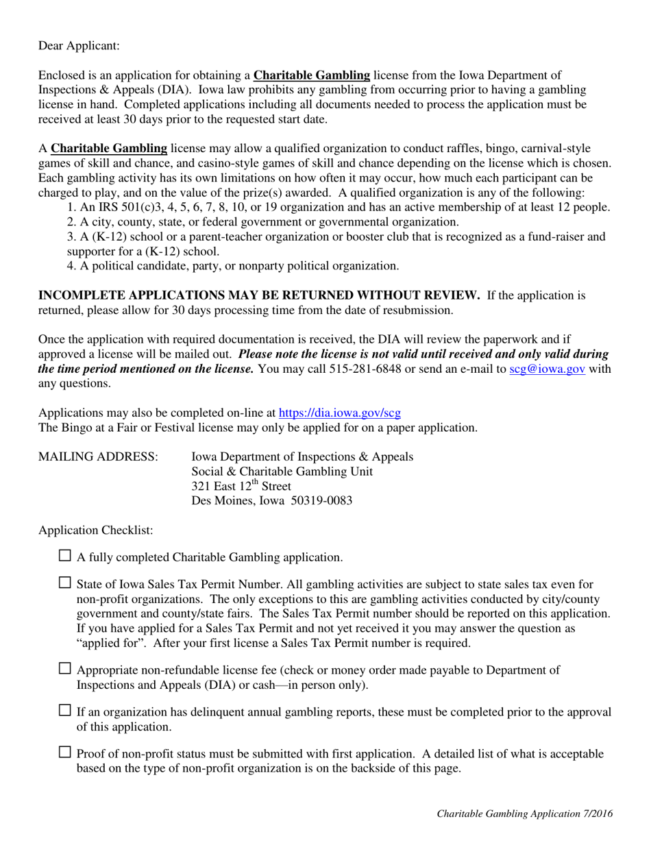 Charitable Gambling License Application - One-Year - Iowa, Page 1