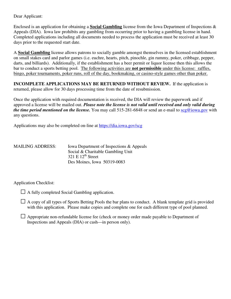 Social Gambling License Application - Iowa, Page 1