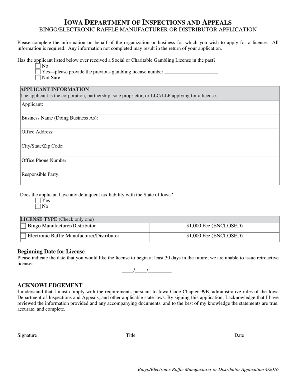Bingo / Electronic Raffle Manufacturer or Distributor Application - Iowa, Page 2