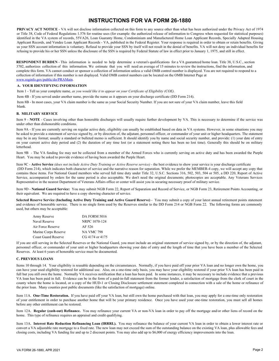 VA Form 26-1880 Request for a Certificate of Eligibility, Page 2