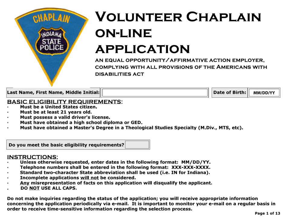 Volunteer Chaplain on-Line Application - Indiana, Page 1