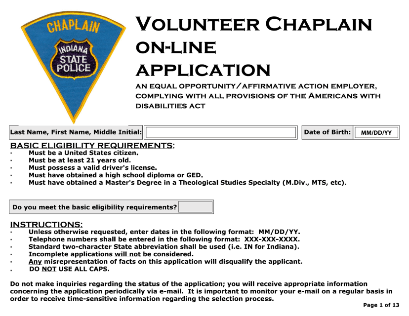 Volunteer Chaplain on-Line Application - Indiana Download Pdf