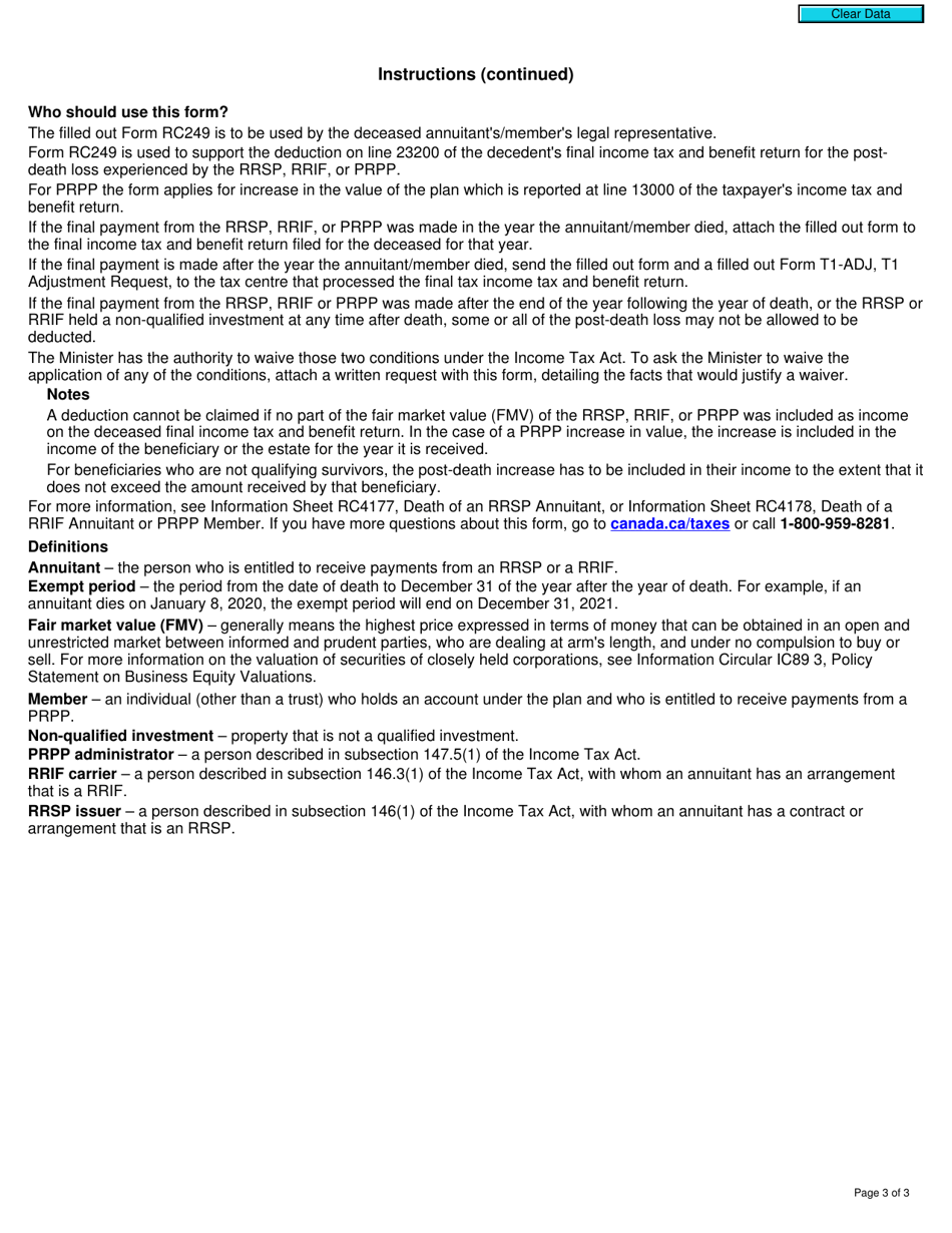 Form RC249 Post-death Decline in the Value of a Rrif, an Unmatured Rrsp and Post-death Increase or Decline in the Value of a Prpp - Canada, Page 3