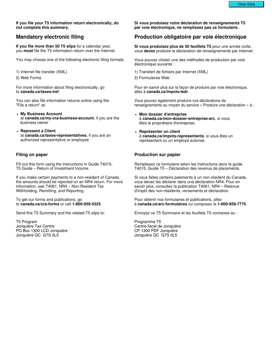 Form T5SUM Return of Investment Income - Canada (English / French), Page 2