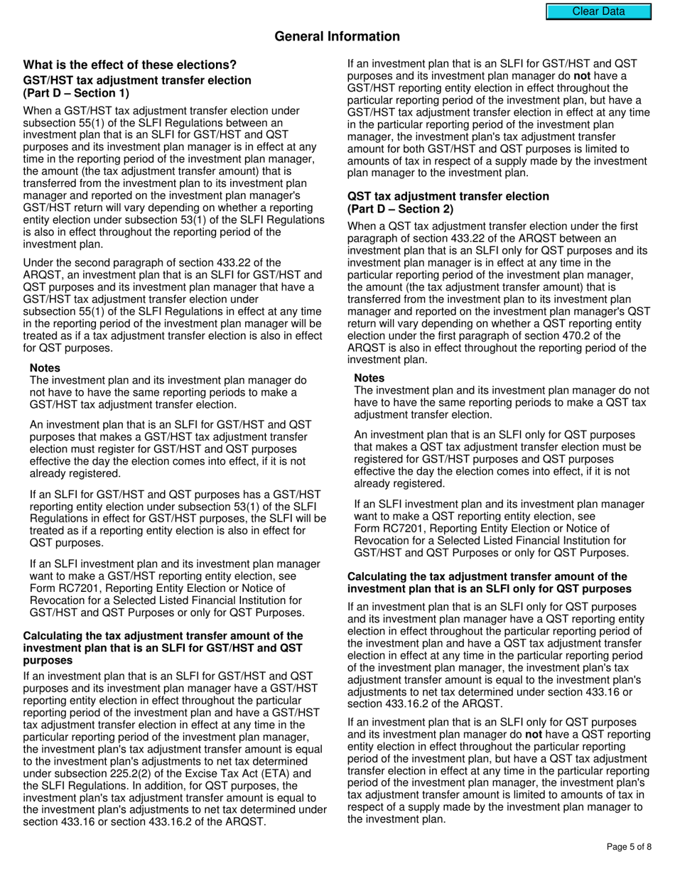 Form RC7203 Tax Adjustment Transfer Election or Notice of Revocation for a Selected Listed Financial Institution for Gst / Hst and Qst Purposes or Only for Qst Purposes - Canada, Page 5