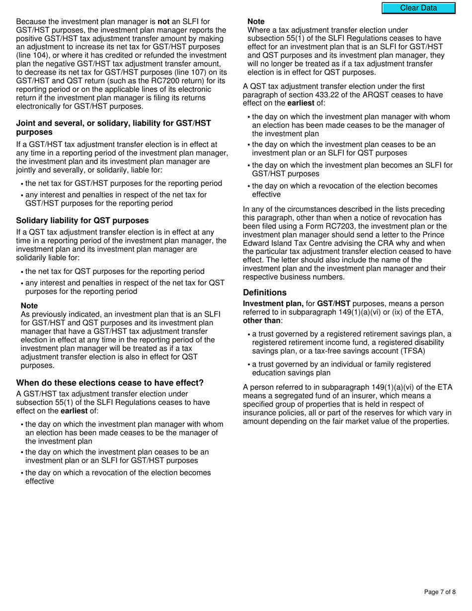 Form RC7203 Tax Adjustment Transfer Election or Notice of Revocation for a Selected Listed Financial Institution for Gst / Hst and Qst Purposes or Only for Qst Purposes - Canada, Page 7