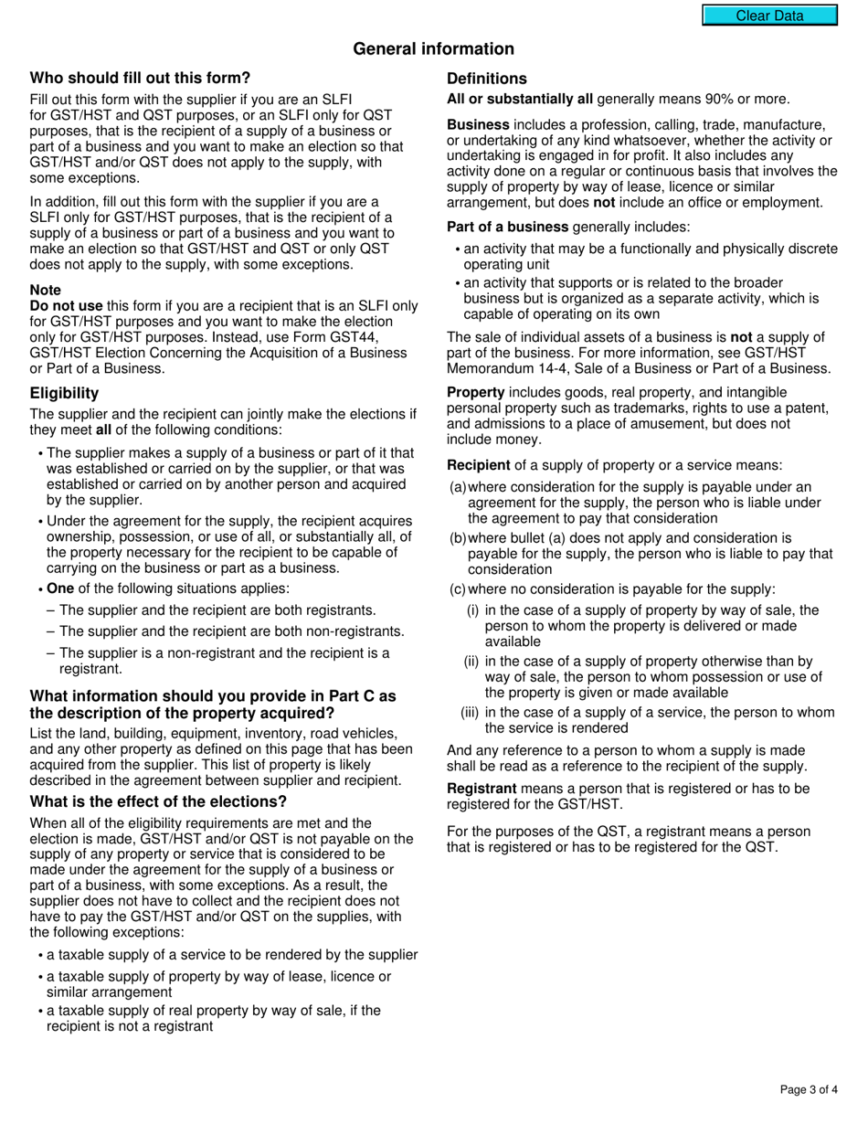 Form RC7244 Gst / Hst and Qst Elections Concerning the Acquisition of a Business or Part of a Business by a Recipient That Is a Selected Listed Financial Institution - Canada, Page 3