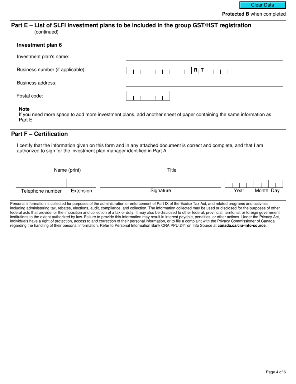 Form RC4602 Request for a Group Gst / Hst Registration Number for Selected Listed Financial Institutions With Consolidated Filing for Gst / Hst Purposes - Canada, Page 4