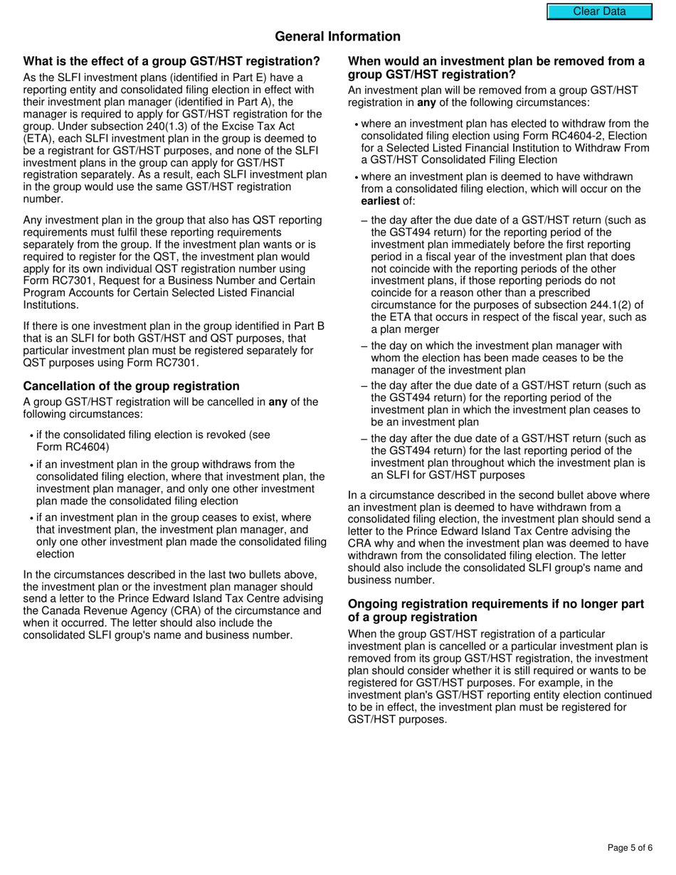 Form RC4602 Request for a Group Gst / Hst Registration Number for Selected Listed Financial Institutions With Consolidated Filing for Gst / Hst Purposes - Canada, Page 5