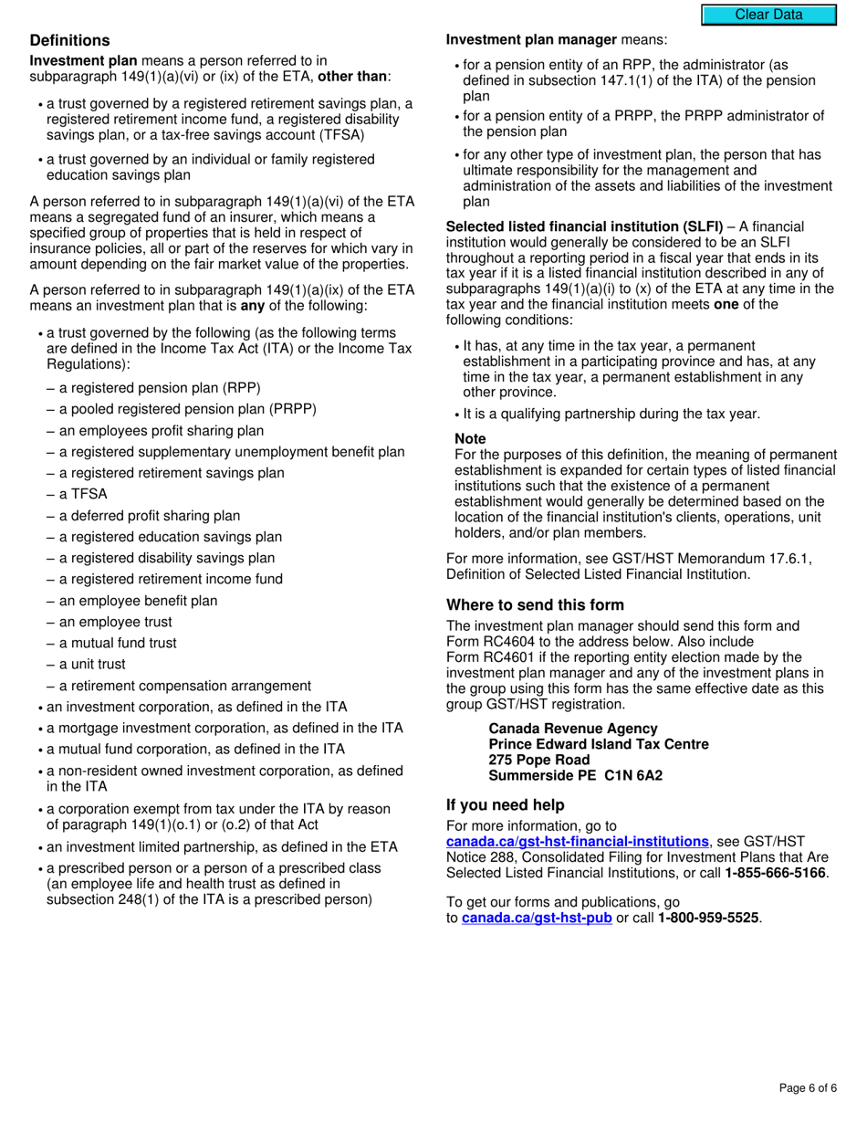 Form RC4602 Request for a Group Gst / Hst Registration Number for Selected Listed Financial Institutions With Consolidated Filing for Gst / Hst Purposes - Canada, Page 6