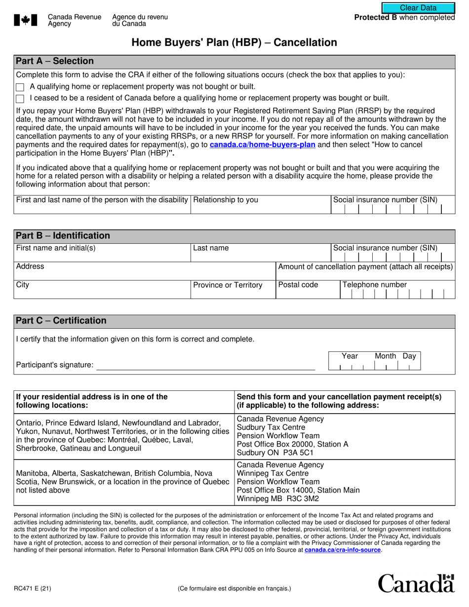 Form RC471 Home Buyers Plan (Hbp) - Cancellation - Canada, Page 1