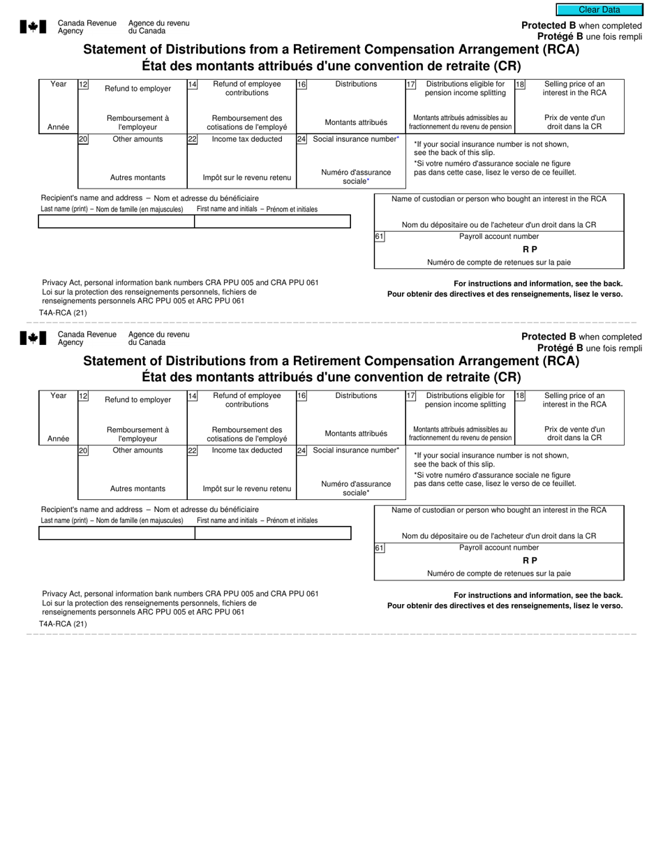 Form T4A-RCA Statement of Distributions From a Retirement Compensation Arrangement (Rca) - Canada (English / French), Page 1