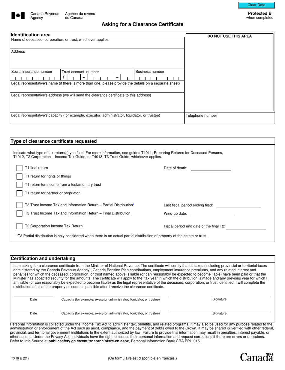 Form TX19 Asking for a Clearance Certificate - Canada, Page 2