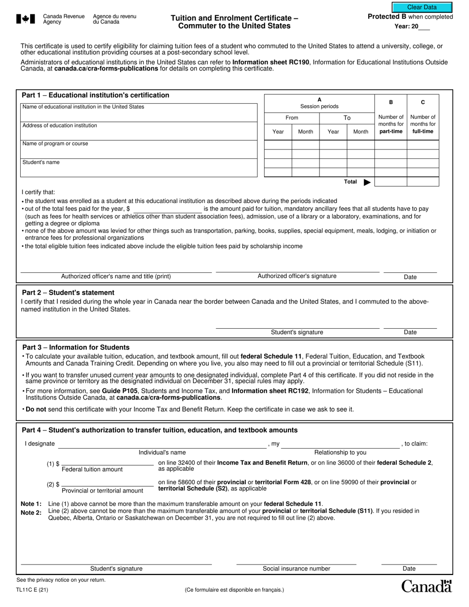Form TL11C Tuition and Enrolment Certificate - Commuter to the United States - Canada, Page 1