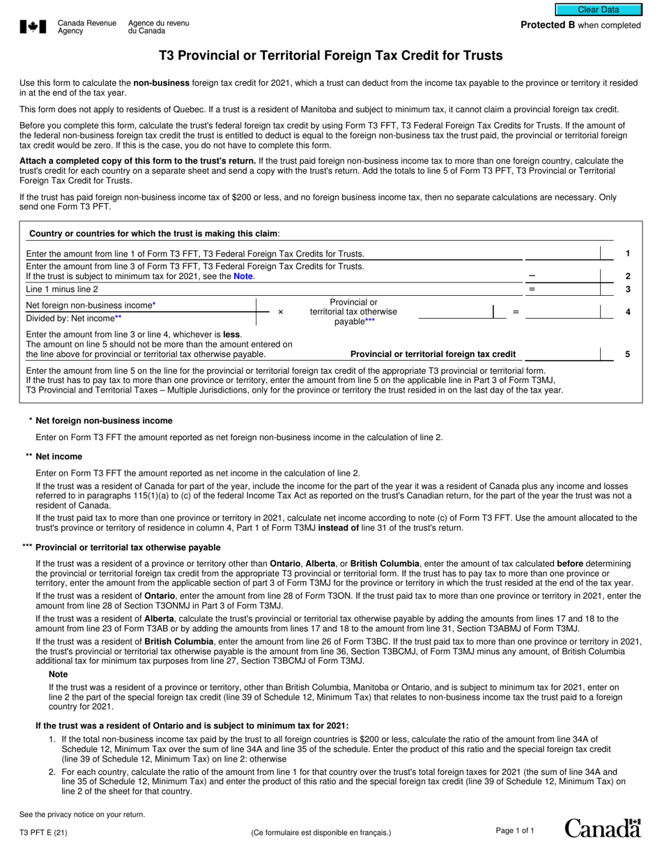 Form T3PFT Download Fillable PDF Or Fill Online T3 Provincial Or   Form T3pft T3 Provincial Or Territorial Foreign Tax Credit For Trusts Canada Print Big 