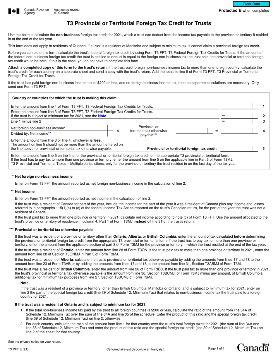Form T3PFT T3 Provincial or Territorial Foreign Tax Credit for Trusts - Canada, Page 1