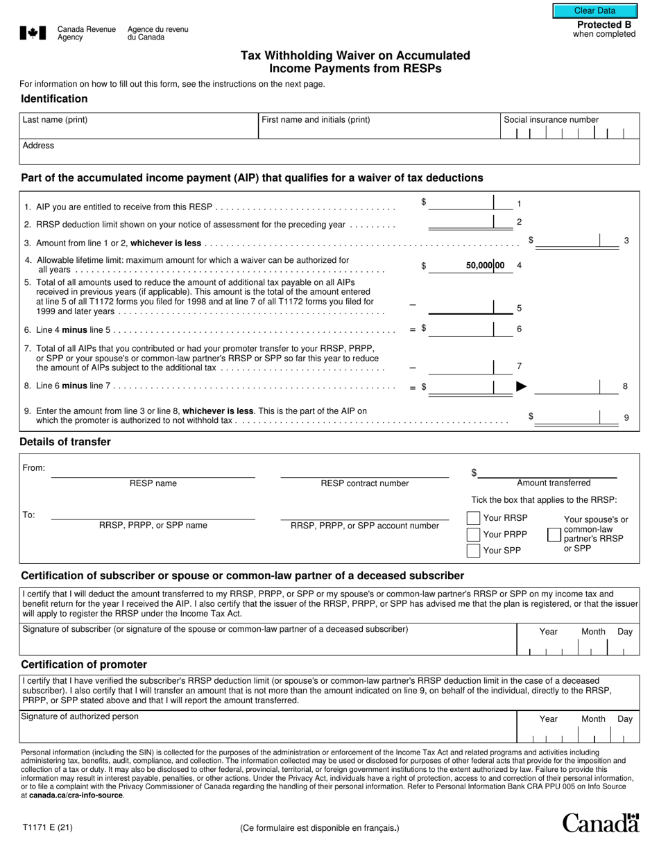 Form T1171 Download Fillable PDF or Fill Online Tax Withholding Waiver ...