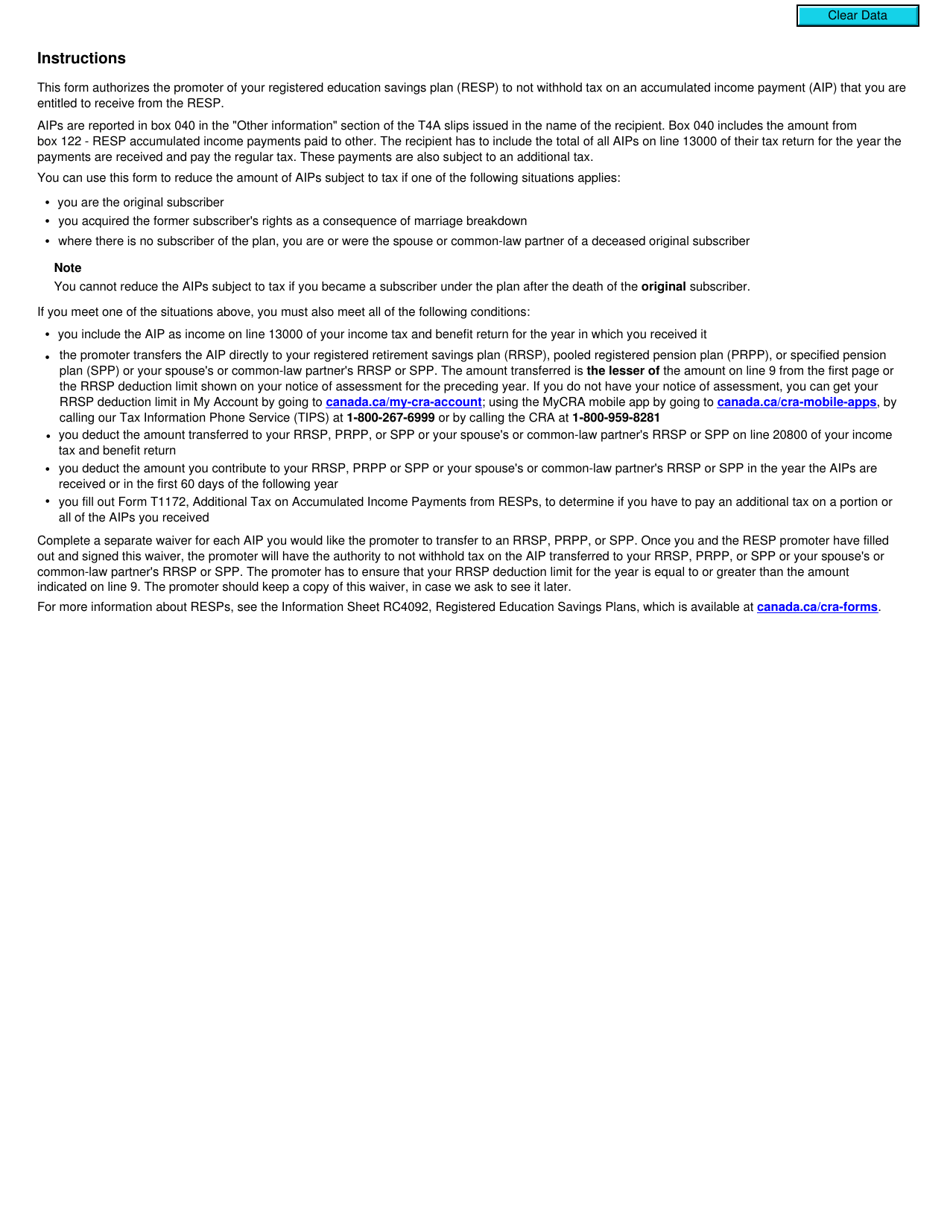 Form T1171 Tax Withholding Waiver on Accumulated Income Payments From Resps - Canada, Page 2