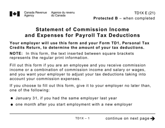 Document preview: Form TD1X Statement of Commission Income and Expenses for Payroll Tax Deductions - Large Print - Canada