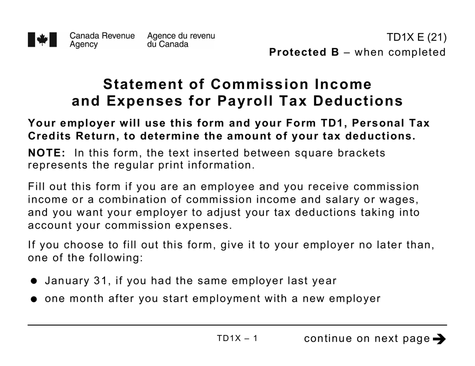 Form TD1X Statement of Commission Income and Expenses for Payroll Tax Deductions - Large Print - Canada, Page 1