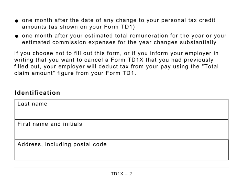 Form TD1X Statement of Commission Income and Expenses for Payroll Tax Deductions - Large Print - Canada, Page 2