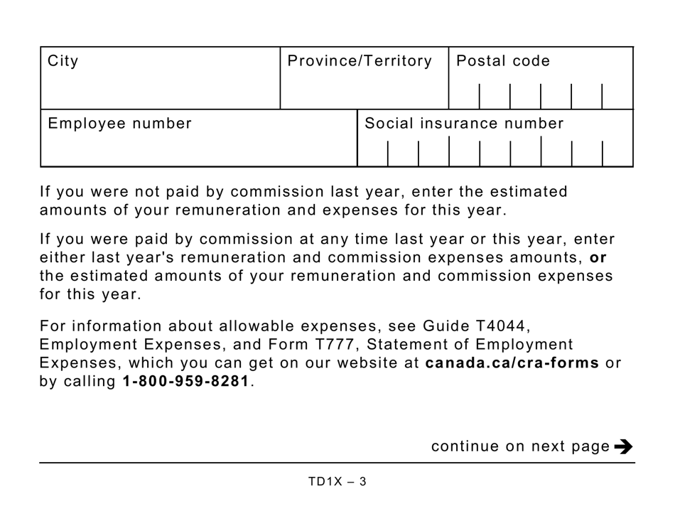 Form TD1X Statement of Commission Income and Expenses for Payroll Tax Deductions - Large Print - Canada, Page 3
