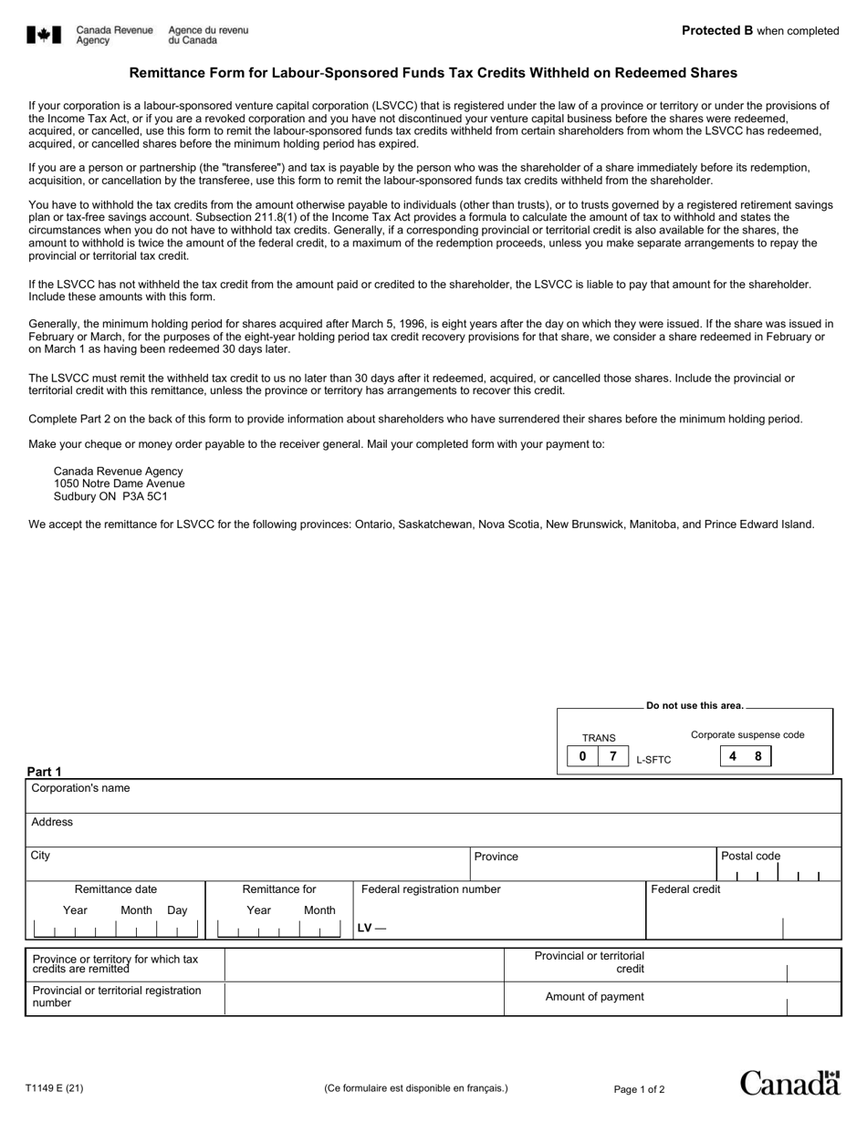 Form T1149 Remittance Form for Labour-Sponsored Funds Tax Credits Withheld on Redeemed Shares - Canada, Page 1