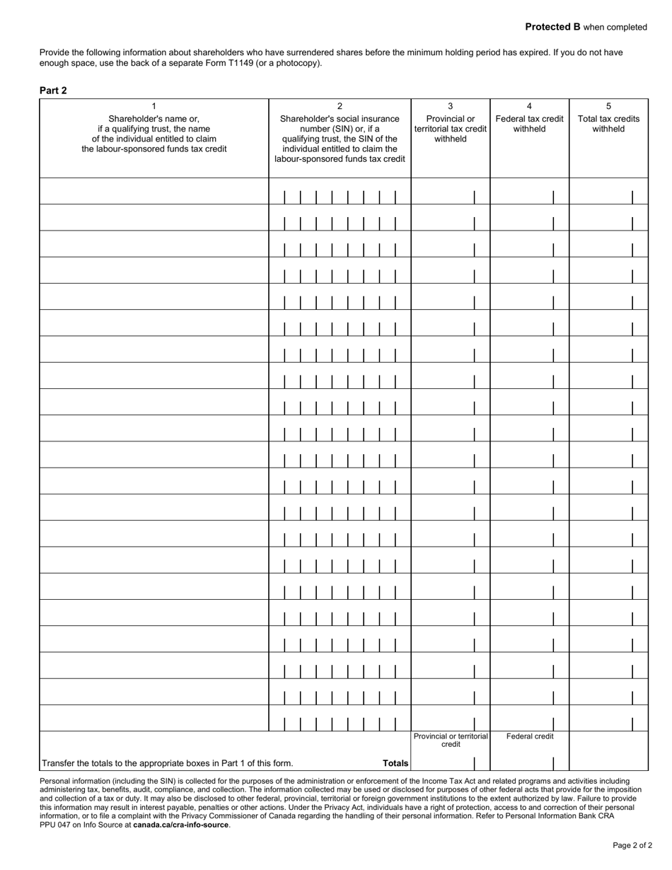 Form T1149 Remittance Form for Labour-Sponsored Funds Tax Credits Withheld on Redeemed Shares - Canada, Page 2