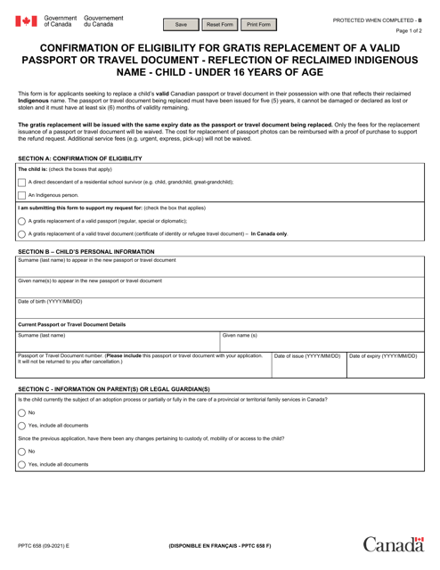 Form PPTC658 Confirmation of Eligibility for Gratis Replacement of a Valid Passport or Travel Document - Reflection of Reclaimed Indigenous Name - Child - Under 16 Years of Age - Canada