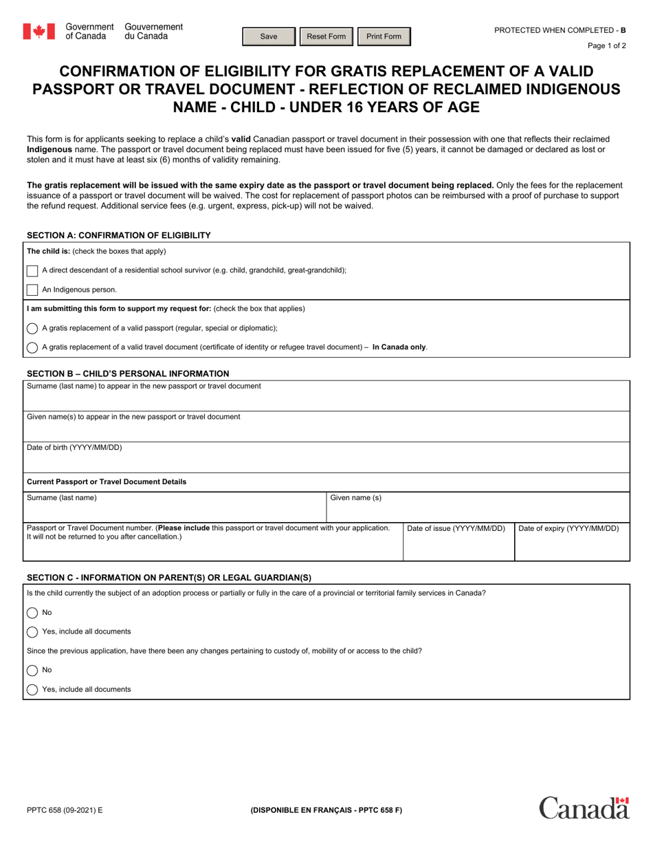Form PPTC658 Confirmation of Eligibility for Gratis Replacement of a Valid Passport or Travel Document - Reflection of Reclaimed Indigenous Name - Child - Under 16 Years of Age - Canada, Page 1