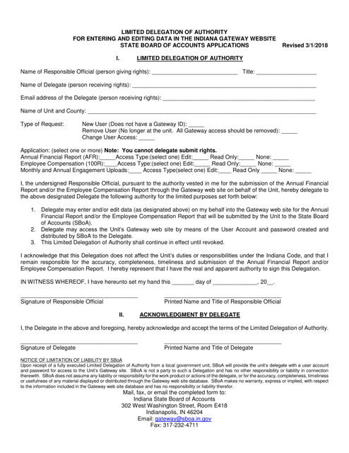 Limited Delegation of Authority for Entering and Editing Data in the Indiana Gateway Website State Board of Accounts Applications - Indiana Download Pdf