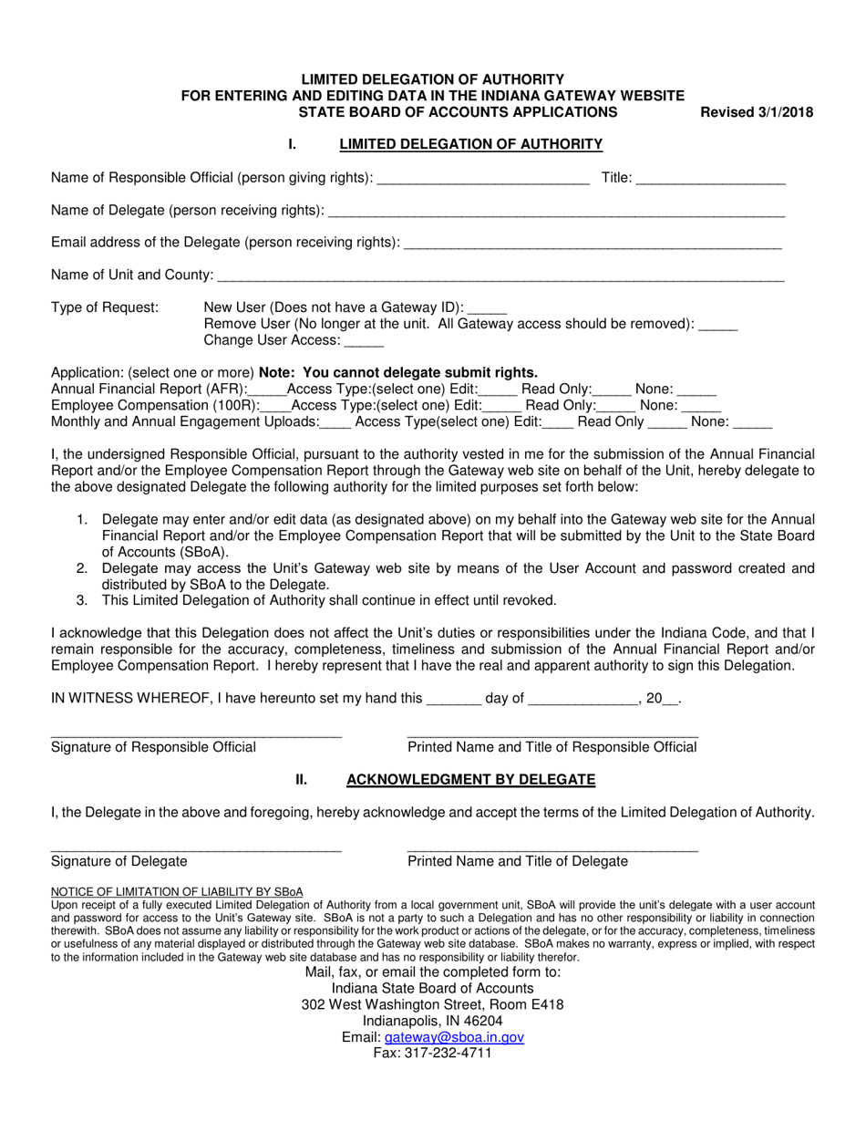 Limited Delegation of Authority for Entering and Editing Data in the Indiana Gateway Website State Board of Accounts Applications - Indiana, Page 1