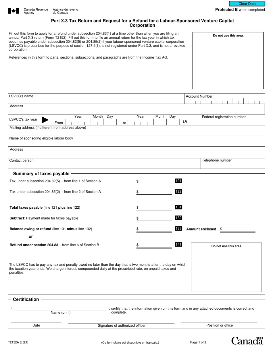 Form T2152A Part X.3 Tax Return and Request for a Refund for a Labour-Sponsored Venture Capital Corporation - Canada, Page 1