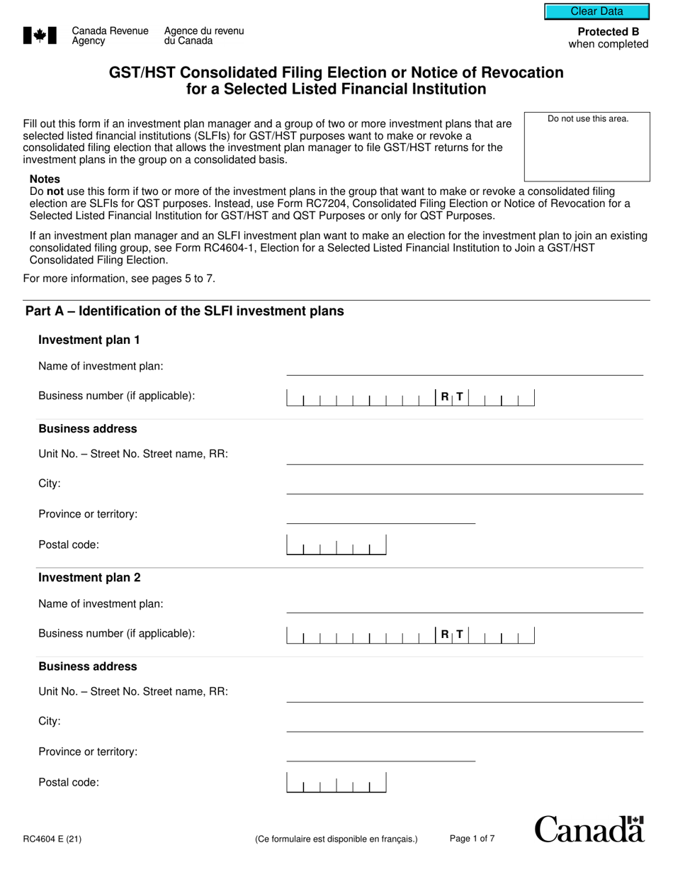 Form RC4604 Gst / Hst Consolidated Filing Election or Notice of Revocation for a Selected Listed Financial Institution - Canada, Page 1