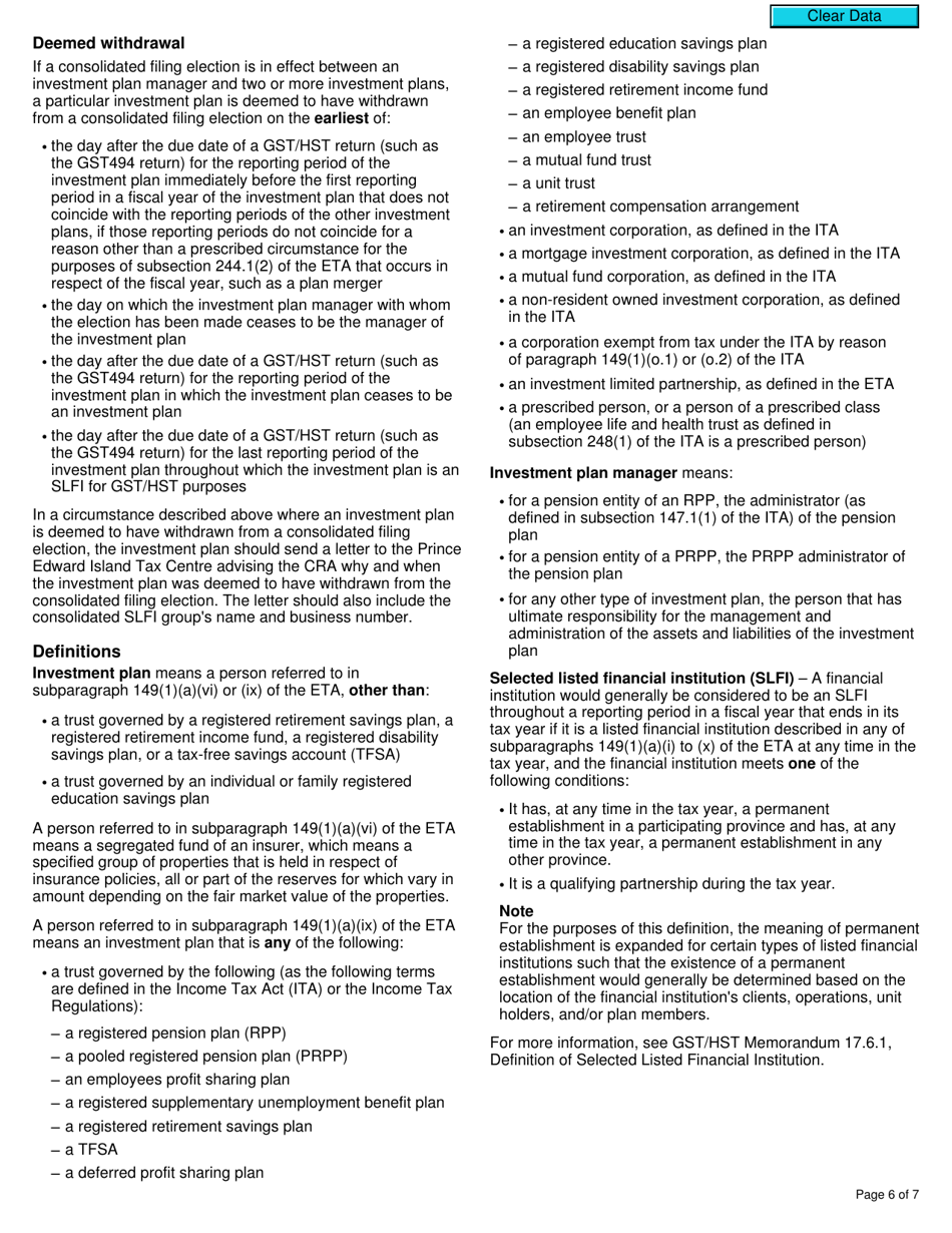 Form RC4604 Gst / Hst Consolidated Filing Election or Notice of Revocation for a Selected Listed Financial Institution - Canada, Page 6