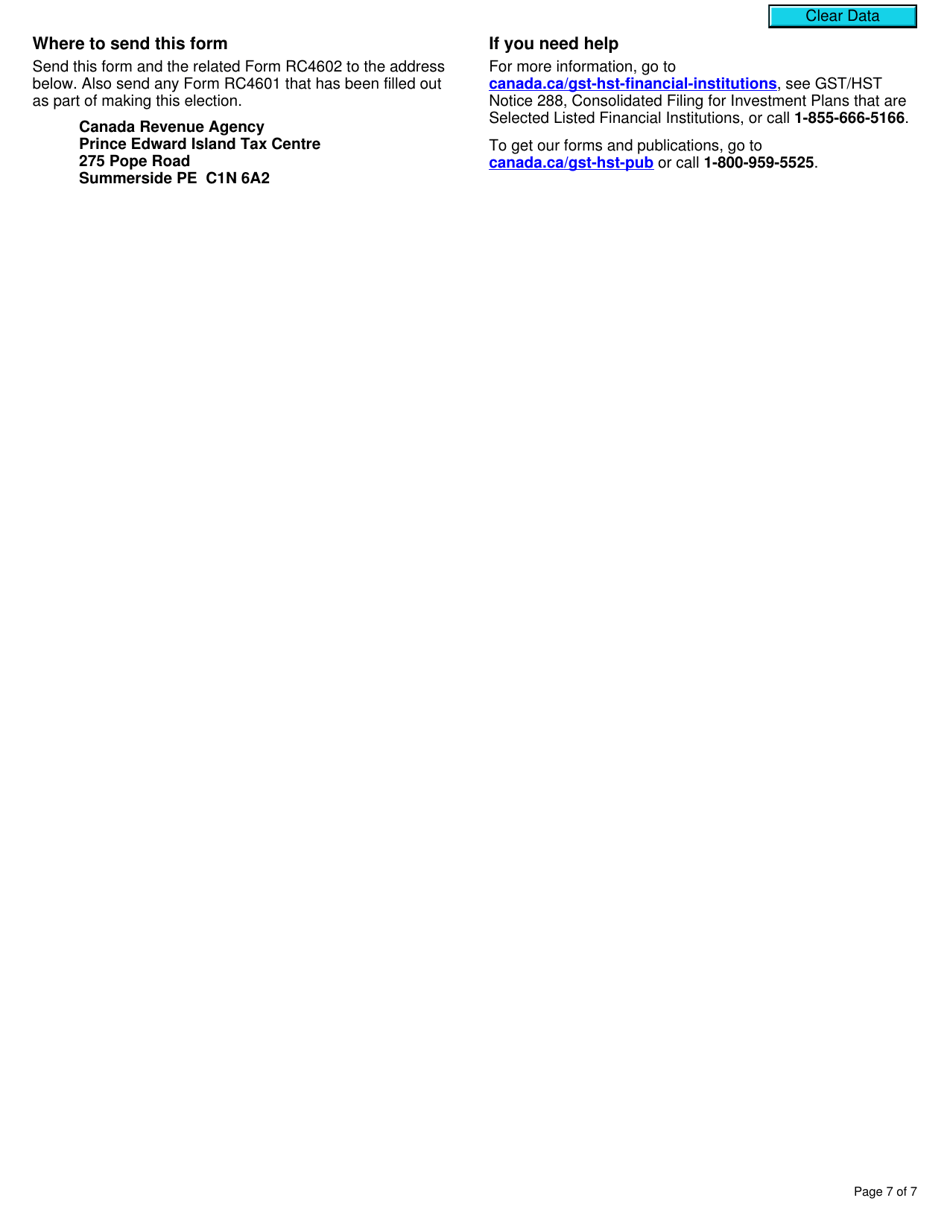 Form RC4604 Gst / Hst Consolidated Filing Election or Notice of Revocation for a Selected Listed Financial Institution - Canada, Page 7