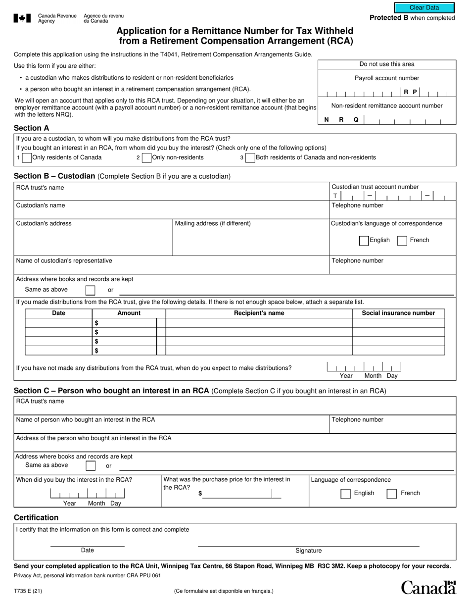 Form T735 Application for a Remittance Number for Tax Withheld From a Retirement Compensation Arrangement (Rca) - Canada, Page 1