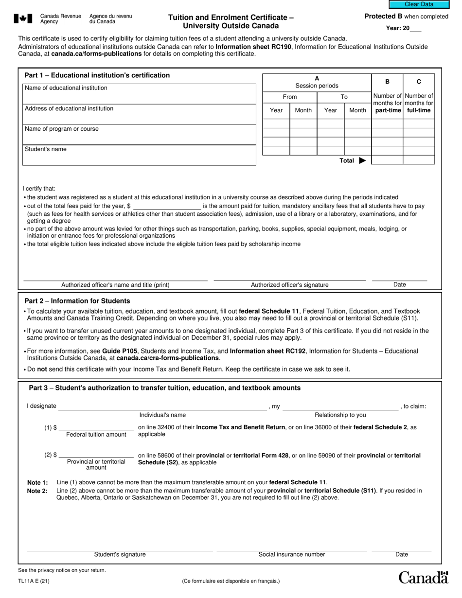 Form TL11A Tuition and Enrolment Certificate - University Outside Canada - Canada, Page 1